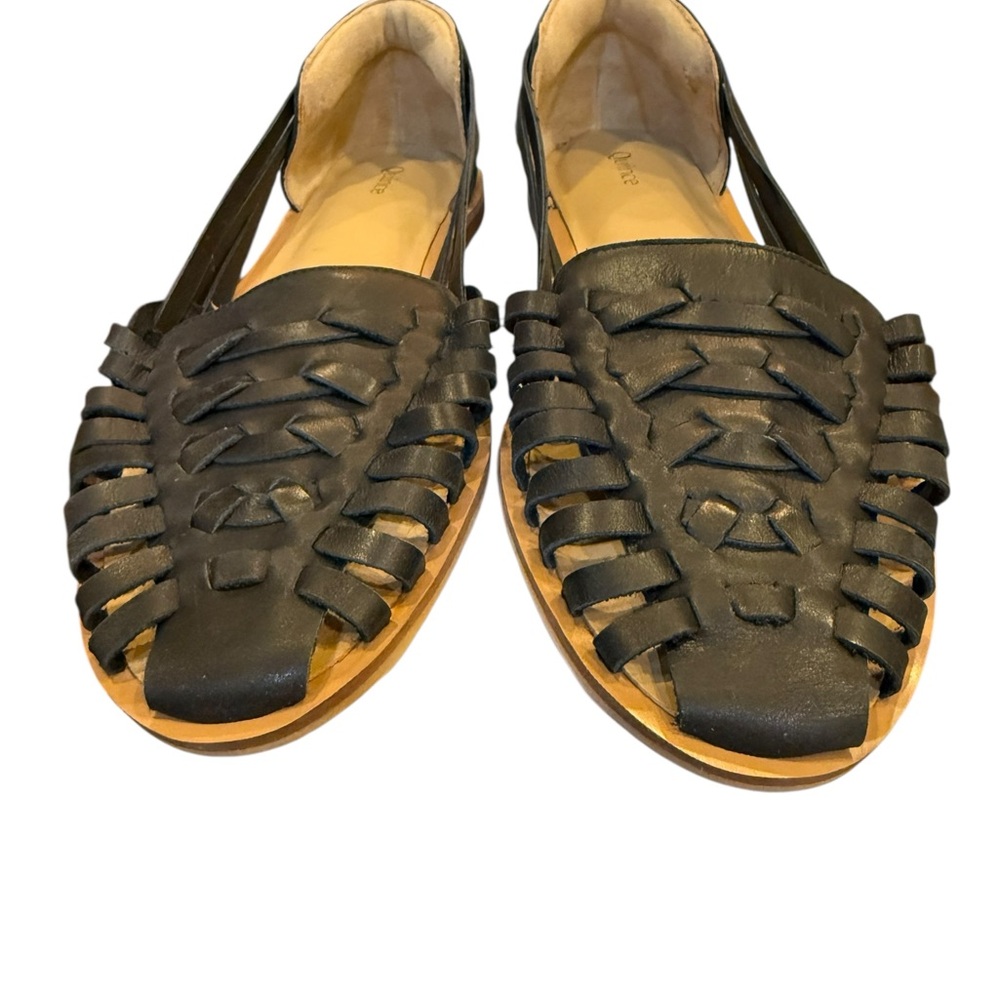 Quince Black Leather Woven Huarache Sandals